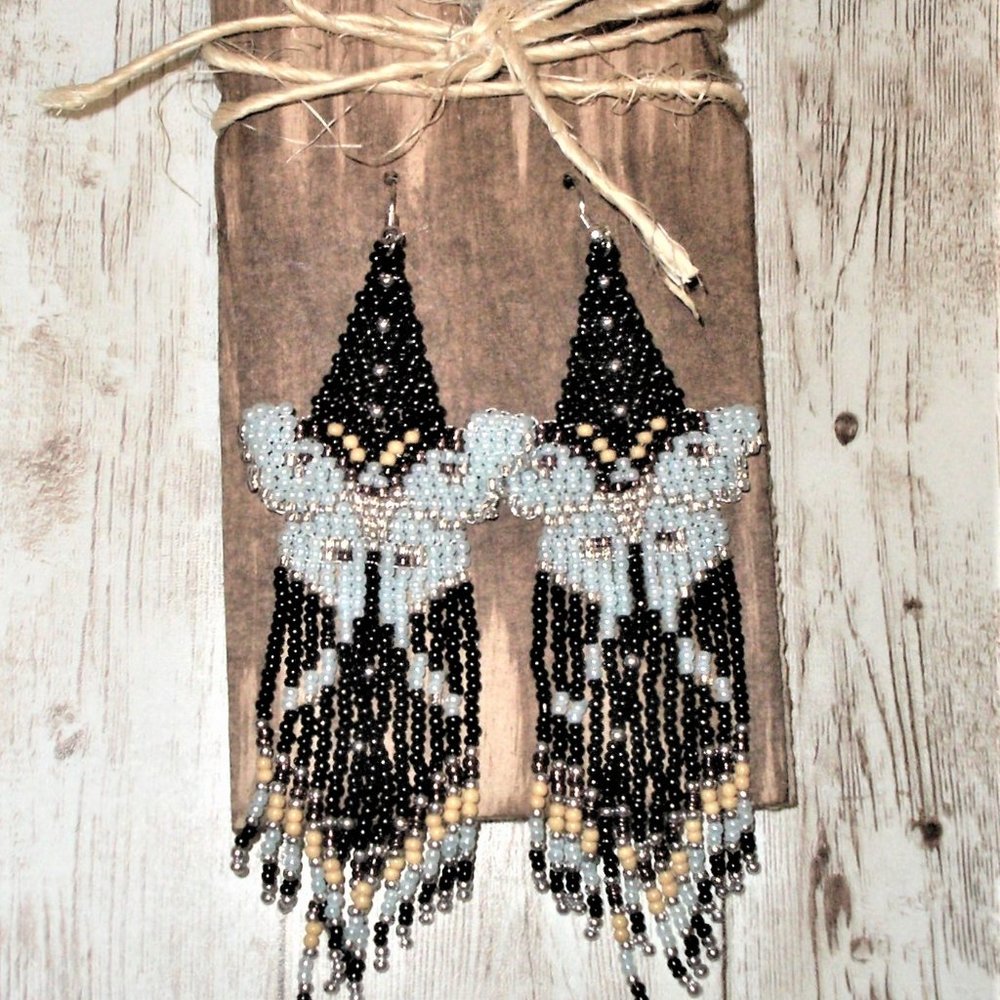 Long Black & Aqua Butterfly Beaded Earrings